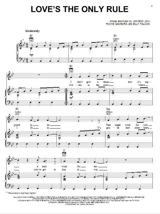 Bon Jovi Love's The Only Rule Sheet Music Notes & Chords for Piano, Vocal & Guitar (Right-Hand Melody) - Download or Print PDF