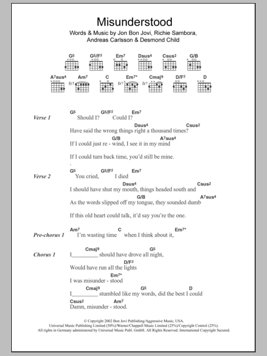 Bon Jovi Misunderstood Sheet Music Notes & Chords for Lyrics & Chords - Download or Print PDF