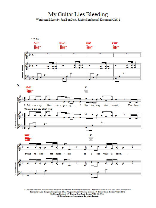 Bon Jovi My Guitar Lies Bleeding Sheet Music Notes & Chords for Piano, Vocal & Guitar (Right-Hand Melody) - Download or Print PDF