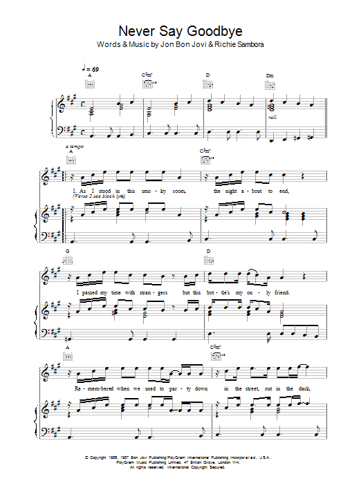 Bon Jovi Never Say Goodbye Sheet Music Notes & Chords for Piano, Vocal & Guitar (Right-Hand Melody) - Download or Print PDF