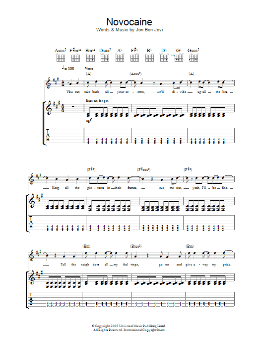 Bon Jovi Novocaine Sheet Music Notes & Chords for Piano, Vocal & Guitar (Right-Hand Melody) - Download or Print PDF