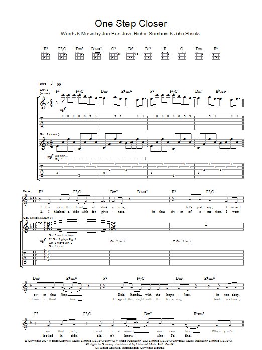 Bon Jovi One Step Closer Sheet Music Notes & Chords for Piano, Vocal & Guitar (Right-Hand Melody) - Download or Print PDF