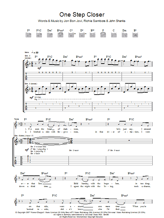 Bon Jovi One Step Closer Sheet Music Notes & Chords for Guitar Tab - Download or Print PDF
