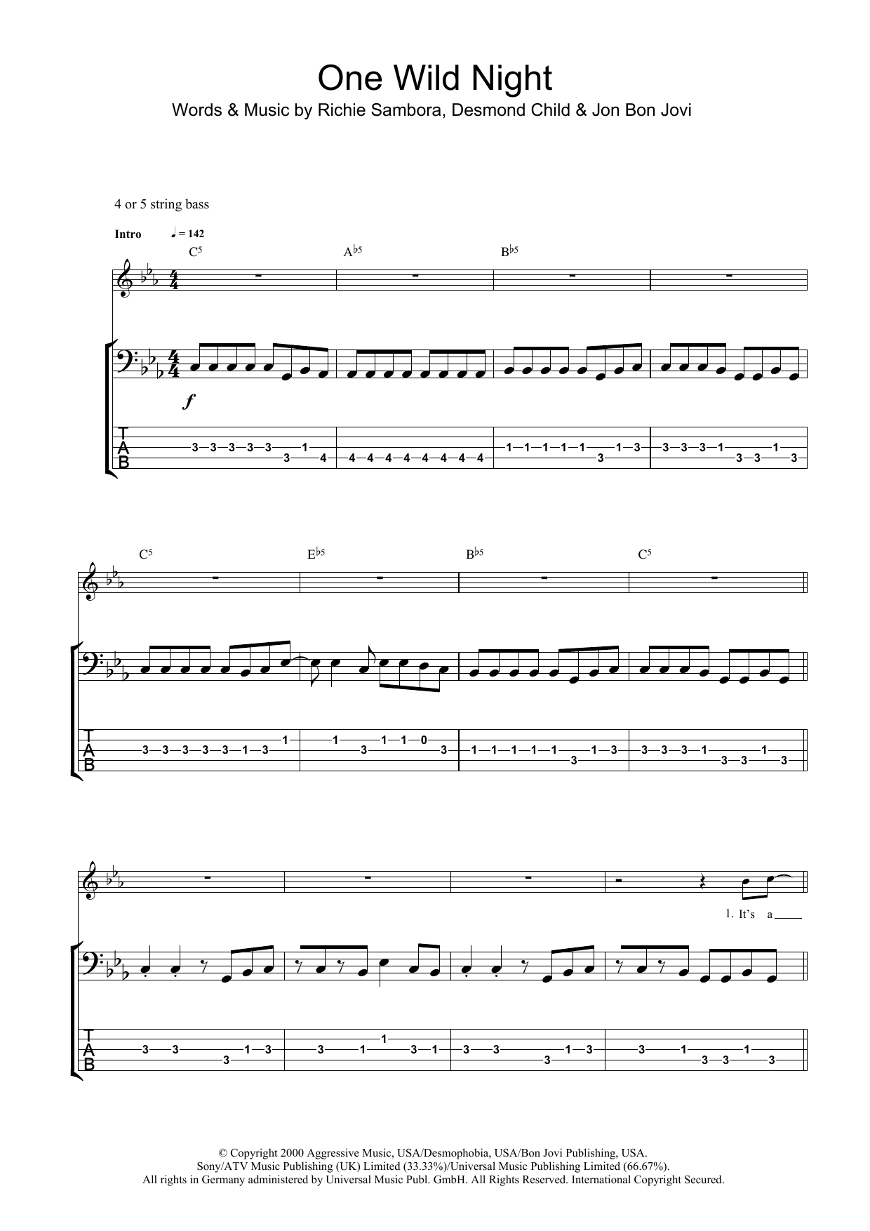Bon Jovi One Wild Night Sheet Music Notes & Chords for Bass Guitar Tab - Download or Print PDF