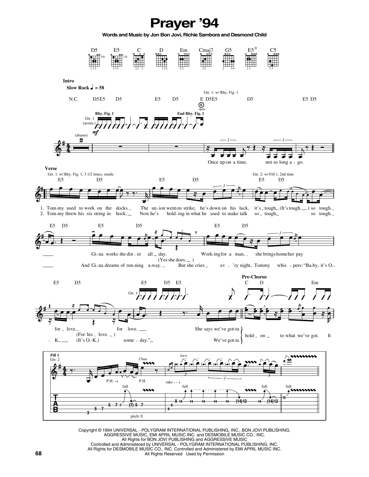Bon Jovi Prayer '94 Sheet Music Notes & Chords for Piano, Vocal & Guitar Chords (Right-Hand Melody) - Download or Print PDF
