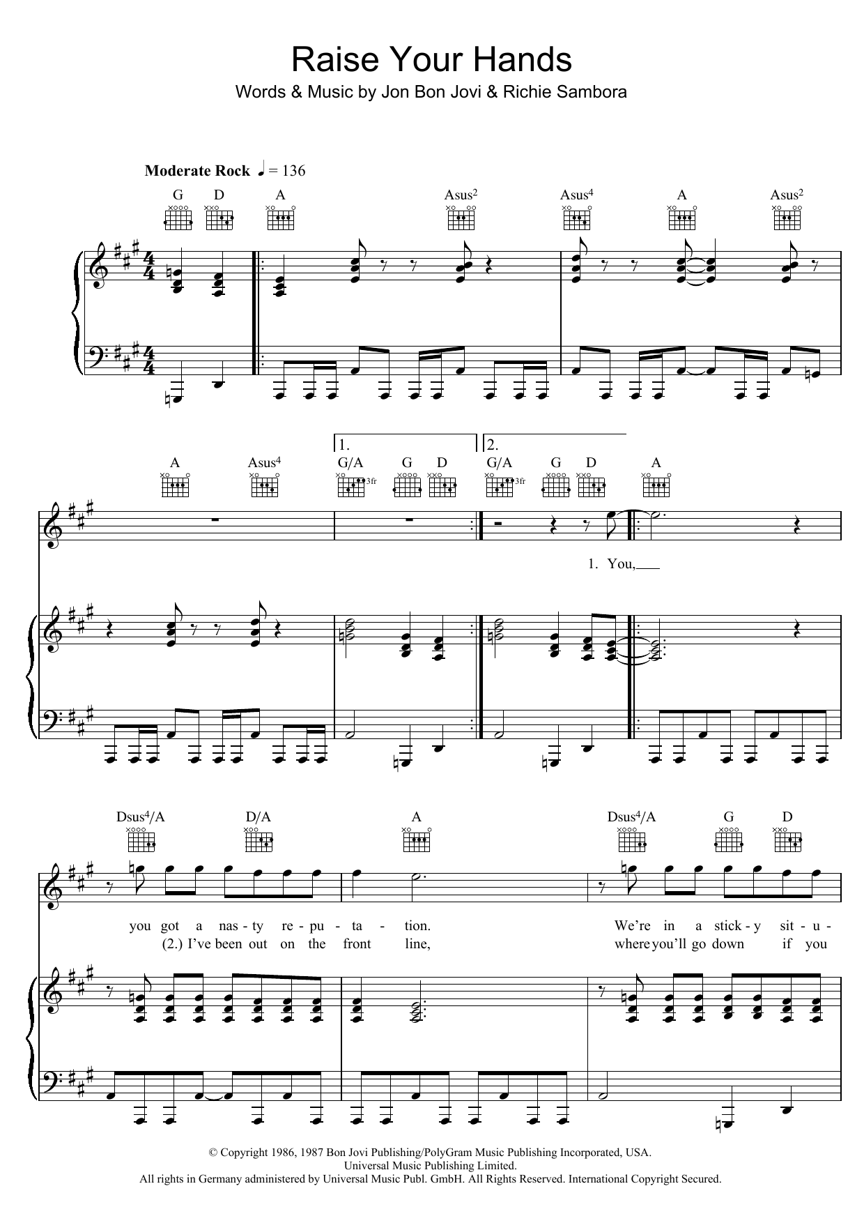 Bon Jovi Raise Your Hands Sheet Music Notes & Chords for Piano, Vocal & Guitar (Right-Hand Melody) - Download or Print PDF