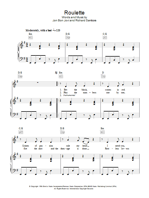 Bon Jovi Roulette Sheet Music Notes & Chords for Piano, Vocal & Guitar (Right-Hand Melody) - Download or Print PDF