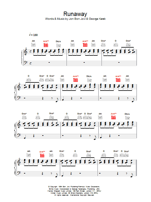 Bon Jovi Runaway Sheet Music Notes & Chords for Lyrics & Chords - Download or Print PDF