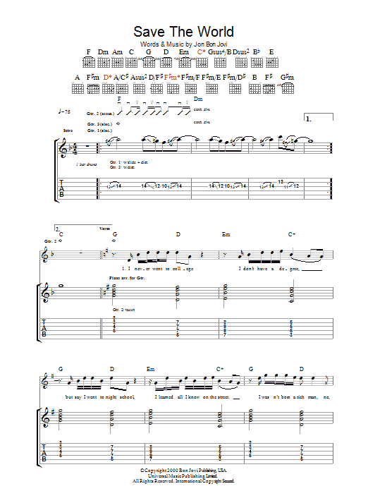 Bon Jovi Save The World Sheet Music Notes & Chords for Guitar Tab - Download or Print PDF