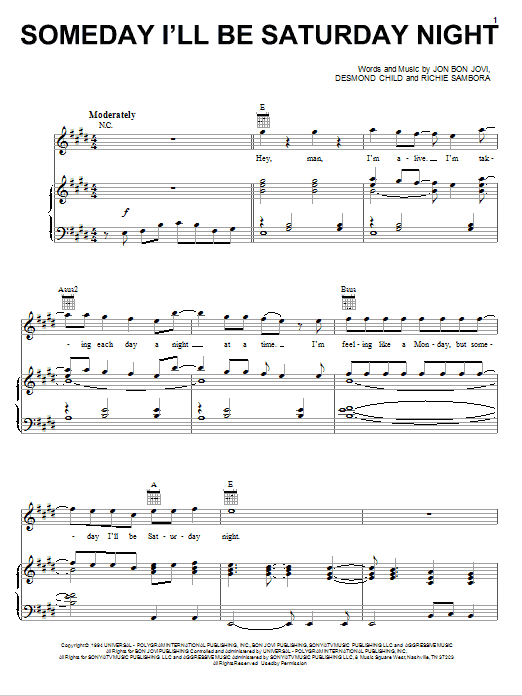 Bon Jovi Someday I'll Be Saturday Night Sheet Music Notes & Chords for Piano, Vocal & Guitar (Right-Hand Melody) - Download or Print PDF