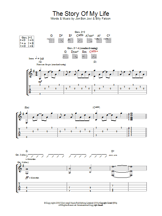 Bon Jovi Story Of My Life Sheet Music Notes & Chords for Guitar Tab - Download or Print PDF