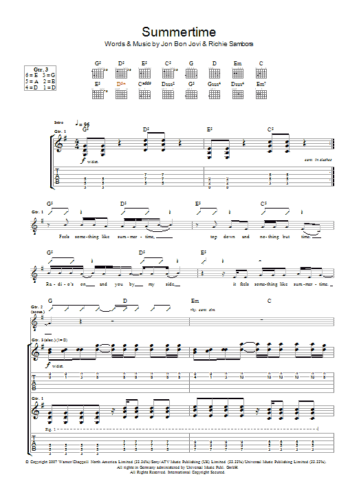 Bon Jovi Summertime Sheet Music Notes & Chords for Piano, Vocal & Guitar (Right-Hand Melody) - Download or Print PDF