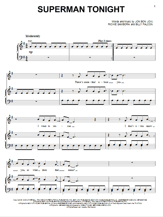 Bon Jovi Superman Tonight Sheet Music Notes & Chords for Piano, Vocal & Guitar (Right-Hand Melody) - Download or Print PDF