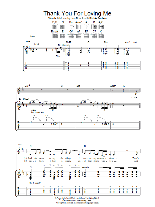 Bon Jovi Thank You For Loving Me Sheet Music Notes & Chords for Guitar Tab - Download or Print PDF