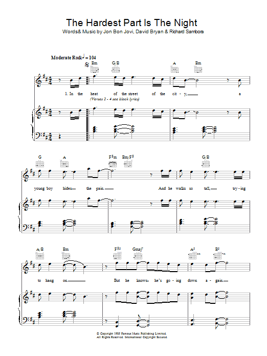 Bon Jovi The Hardest Part Is The Night Sheet Music Notes & Chords for Piano, Vocal & Guitar (Right-Hand Melody) - Download or Print PDF