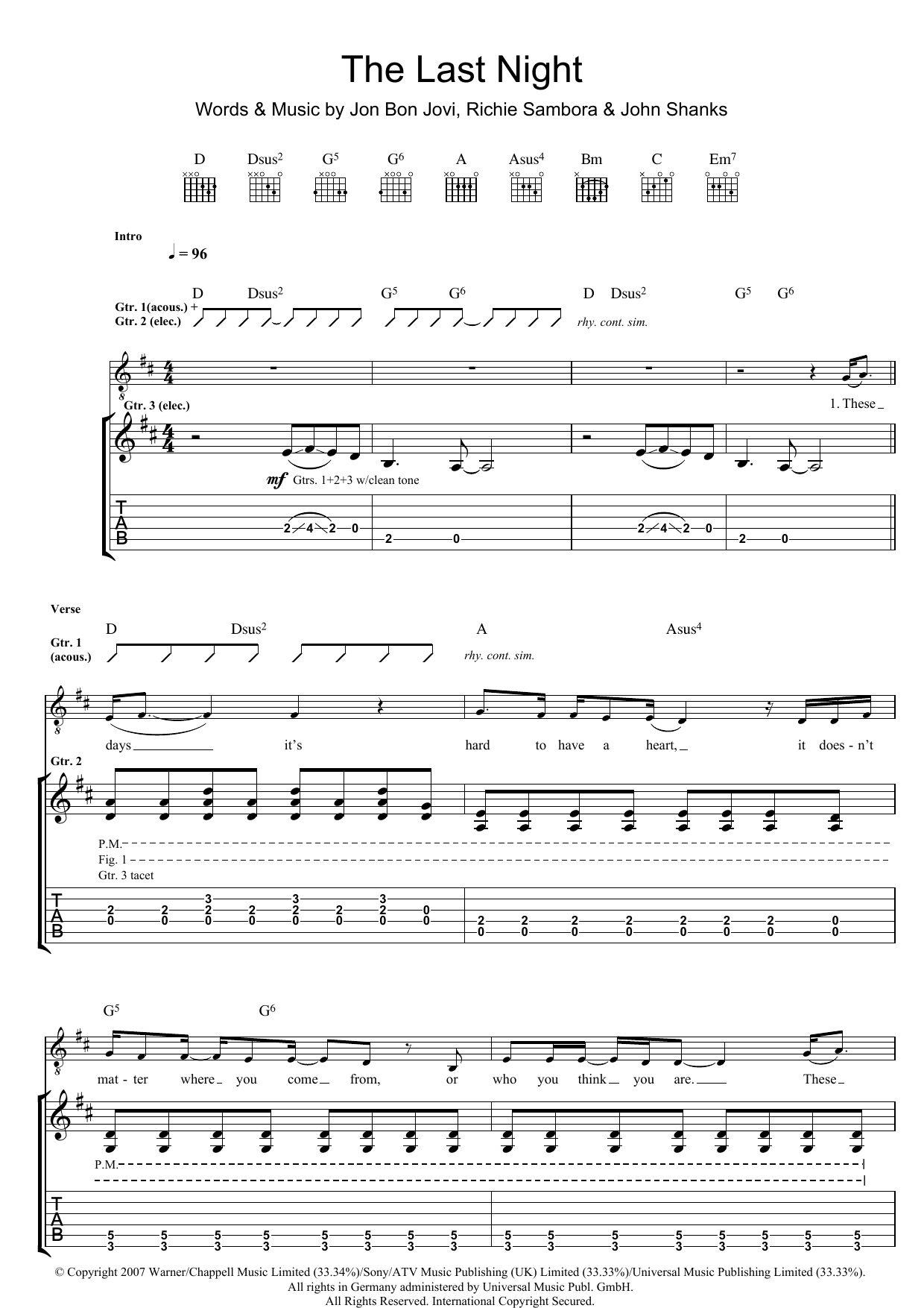 Bon Jovi The Last Night Sheet Music Notes & Chords for Piano, Vocal & Guitar (Right-Hand Melody) - Download or Print PDF