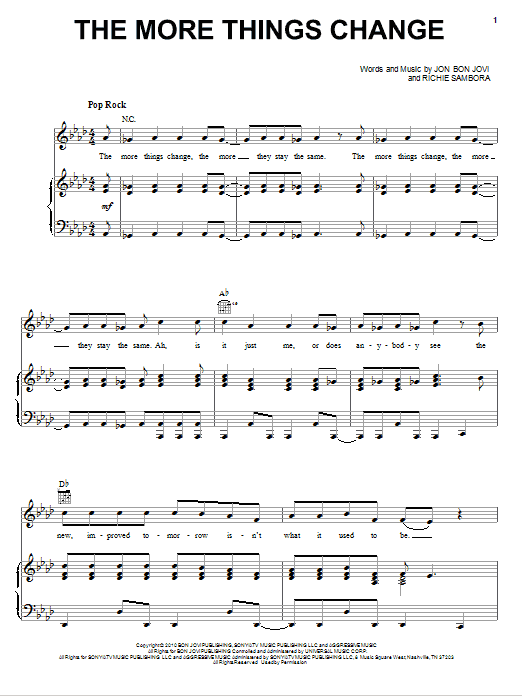 Bon Jovi The More Things Change Sheet Music Notes & Chords for Piano, Vocal & Guitar (Right-Hand Melody) - Download or Print PDF