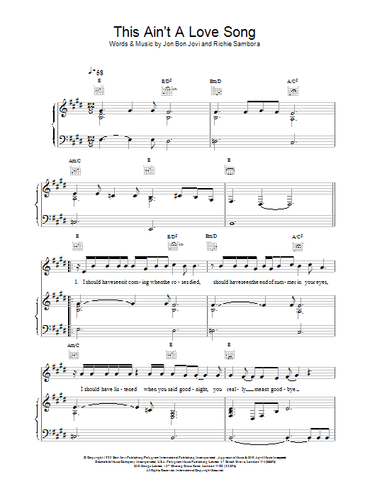 Bon Jovi This Ain't A Love Song Sheet Music Notes & Chords for Piano, Vocal & Guitar (Right-Hand Melody) - Download or Print PDF
