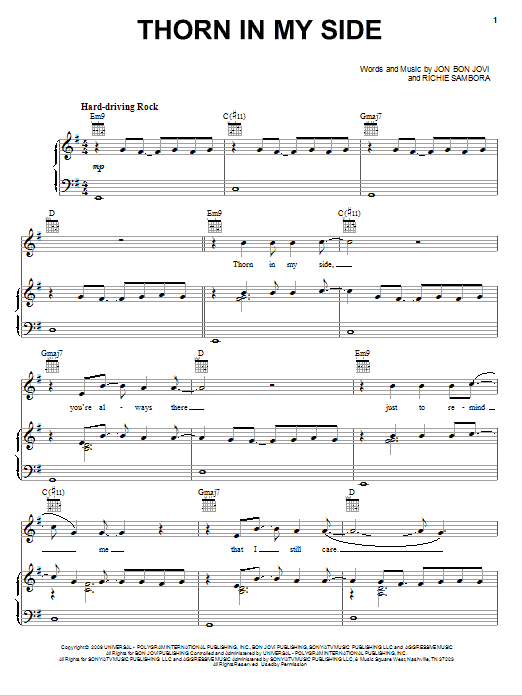 Bon Jovi Thorn In My Side Sheet Music Notes & Chords for Piano, Vocal & Guitar (Right-Hand Melody) - Download or Print PDF