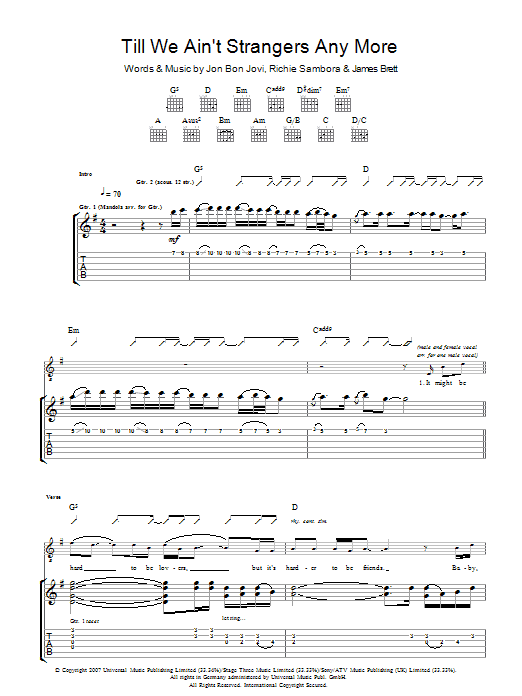 Bon Jovi Till We Ain't Strangers Anymore Sheet Music Notes & Chords for Guitar Tab - Download or Print PDF
