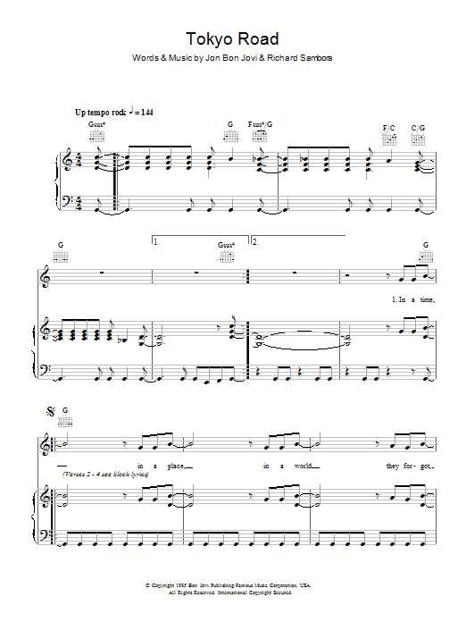 Bon Jovi Tokyo Road Sheet Music Notes & Chords for Piano, Vocal & Guitar (Right-Hand Melody) - Download or Print PDF