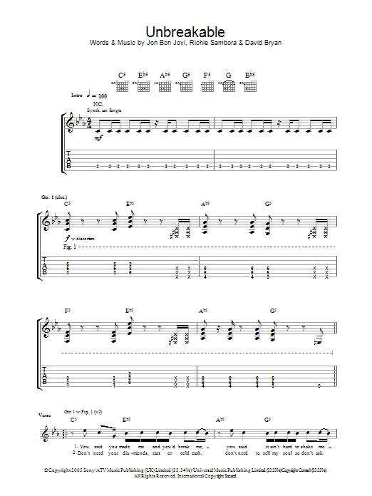 Bon Jovi Unbreakable Sheet Music Notes & Chords for Guitar Tab - Download or Print PDF