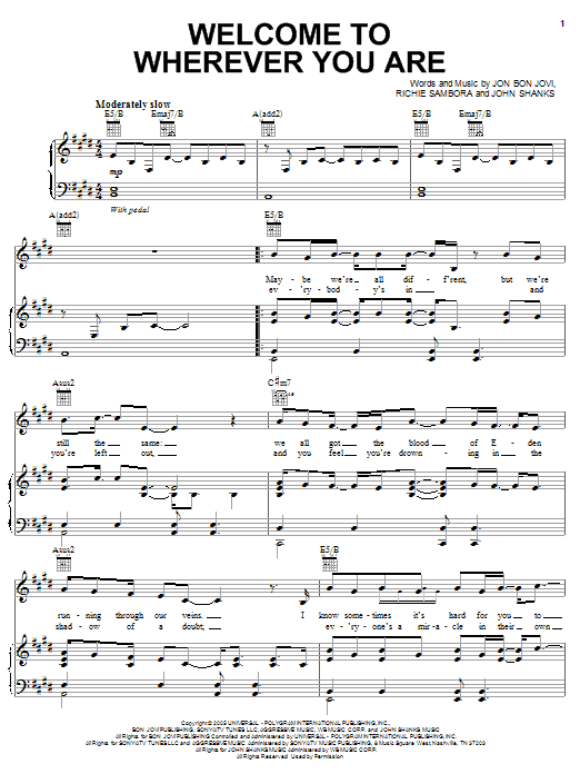 Bon Jovi Welcome To Wherever You Are Sheet Music Notes & Chords for Piano, Vocal & Guitar (Right-Hand Melody) - Download or Print PDF