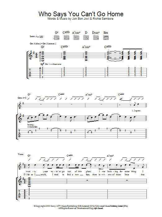 Bon Jovi Who Says You Can't Go Home Sheet Music Notes & Chords for Guitar Tab - Download or Print PDF