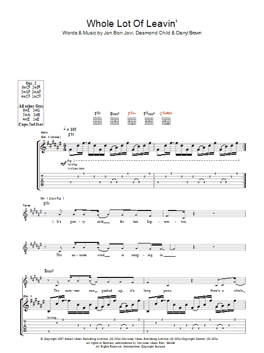 Bon Jovi Whole Lot Of Leavin' Sheet Music Notes & Chords for Piano, Vocal & Guitar (Right-Hand Melody) - Download or Print PDF