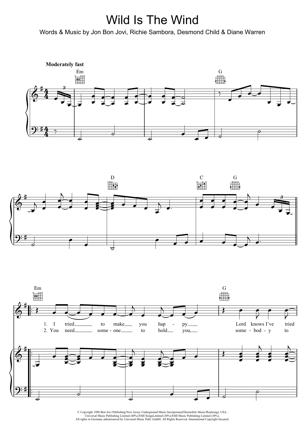 Bon Jovi Wild Is The Wind Sheet Music Notes & Chords for Piano, Vocal & Guitar (Right-Hand Melody) - Download or Print PDF