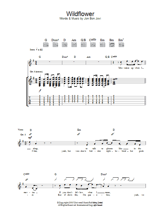 Bon Jovi Wildflower Sheet Music Notes & Chords for Guitar Tab - Download or Print PDF