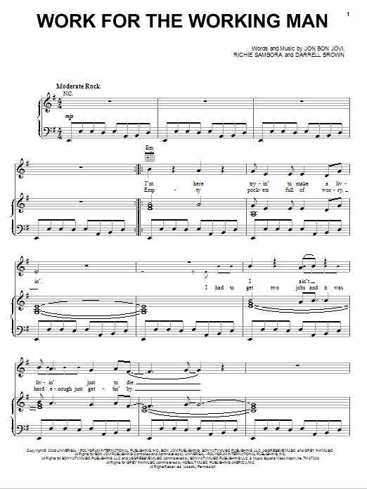 Bon Jovi Work For The Working Man Sheet Music Notes & Chords for Piano, Vocal & Guitar (Right-Hand Melody) - Download or Print PDF