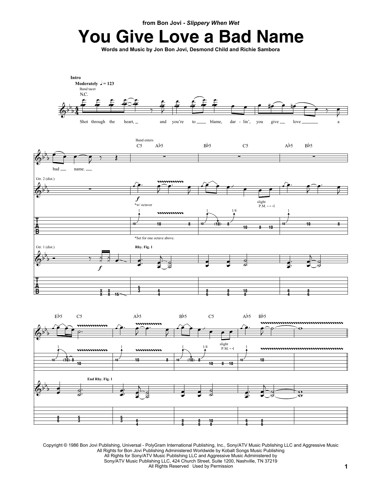 Bon Jovi You Give Love A Bad Name Sheet Music Notes & Chords for Lyrics & Chords - Download or Print PDF