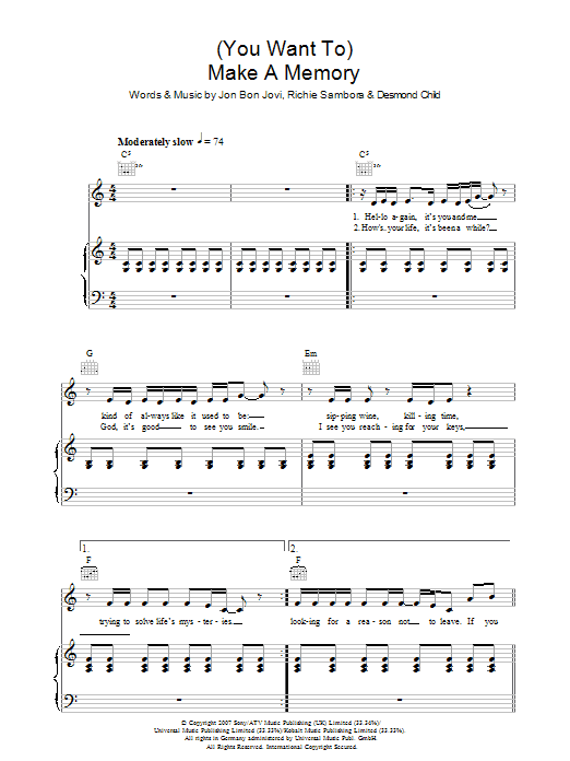 Bon Jovi (You Want To) Make A Memory Sheet Music Notes & Chords for Piano, Vocal & Guitar (Right-Hand Melody) - Download or Print PDF
