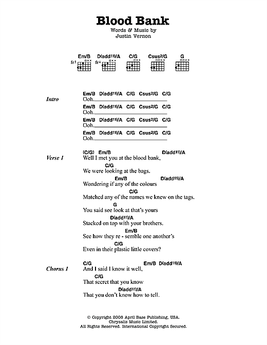 Bon Iver Blood Bank Sheet Music Notes & Chords for Lyrics & Chords - Download or Print PDF