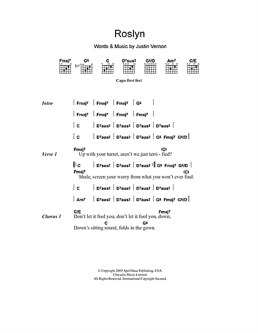 Bon Iver & St. Vincent Roslyn Sheet Music Notes & Chords for Lyrics & Chords - Download or Print PDF