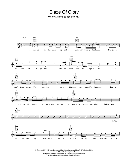 Preview Bon Jovi Blaze Of Glory Rock sheet music, notes and chords for Lyrics & Chords, SKU: 49304 Blaze Of Glory sheet music