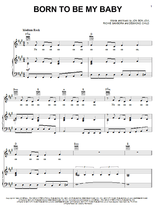 Preview Bon Jovi Born To Be My Baby Rock sheet music, notes and chords for Piano, Vocal & Guitar (Right-Hand Melody), SKU: 48217 Born To Be My Baby sheet music