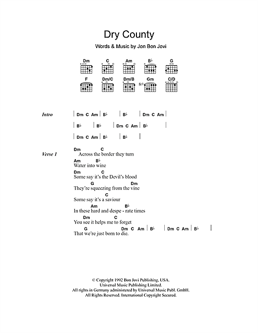 Bon Jovi Dry County Sheet Music Notes & Chords for Lyrics & Chords - Download or Print PDF