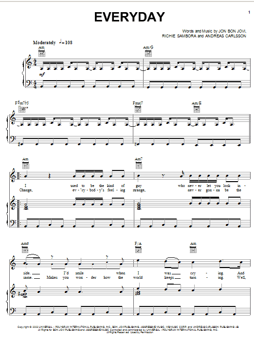 Preview Bon Jovi Everyday Rock sheet music, notes and chords for Bass Guitar Tab, SKU: 48218 Everyday sheet music