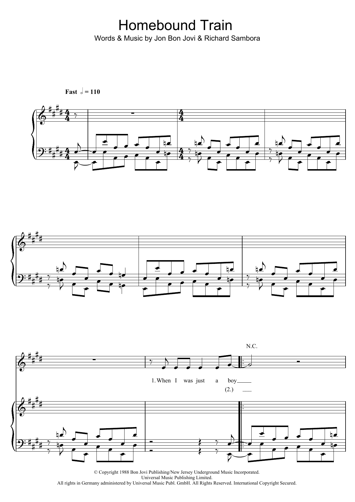 Preview Bon Jovi Homebound Train Rock sheet music, notes and chords for Piano, Vocal & Guitar (Right-Hand Melody), SKU: 48223 Homebound Train sheet music