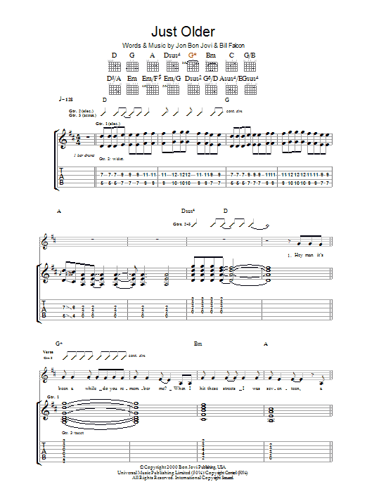 Preview Bon Jovi Just Older Rock sheet music, notes and chords for Guitar Tab, SKU: 36439 Just Older sheet music