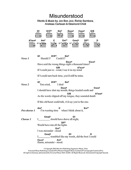 Bon Jovi Misunderstood Sheet Music Notes & Chords for Lyrics & Chords - Download or Print PDF