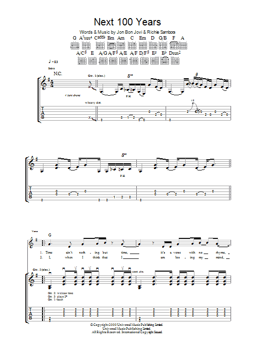 Preview Bon Jovi Next 100 Years Rock sheet music, notes and chords for Guitar Tab, SKU: 36440 Next 100 Years sheet music