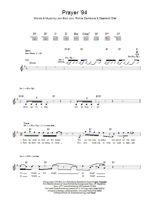 Preview Bon Jovi Prayer '94 Rock sheet music, notes and chords for Guitar Tab, SKU: 48350 Prayer '94 sheet music