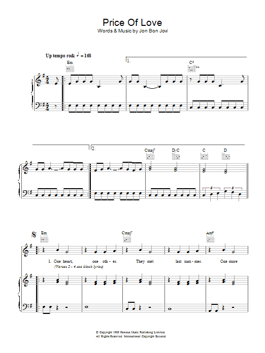 Preview Bon Jovi Price Of Love Rock sheet music, notes and chords for Piano, Vocal & Guitar (Right-Hand Melody), SKU: 48351 Price Of Love sheet music