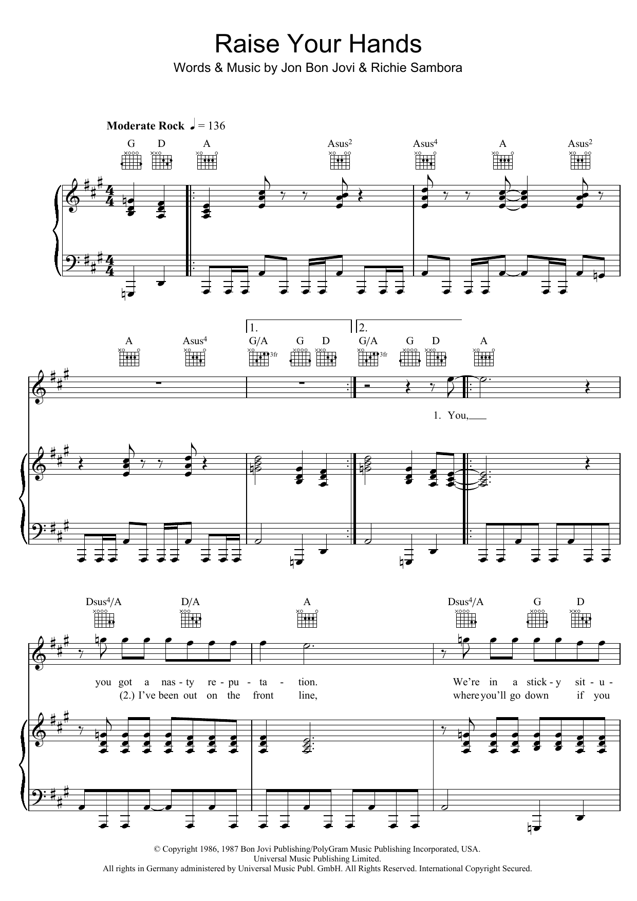 Preview Bon Jovi Raise Your Hands Rock sheet music, notes and chords for Piano, Vocal & Guitar (Right-Hand Melody), SKU: 48352 Raise Your Hands sheet music