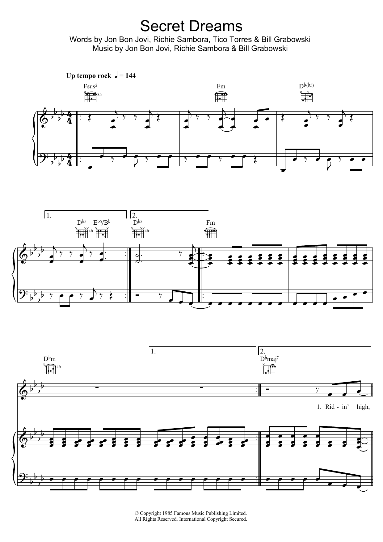 Preview Bon Jovi Secret Dreams Rock sheet music, notes and chords for Piano, Vocal & Guitar (Right-Hand Melody), SKU: 48383 Secret Dreams sheet music
