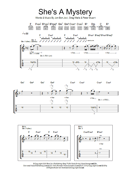 Preview Bon Jovi She's A Mystery Rock sheet music, notes and chords for Guitar Tab, SKU: 36438 She's A Mystery sheet music