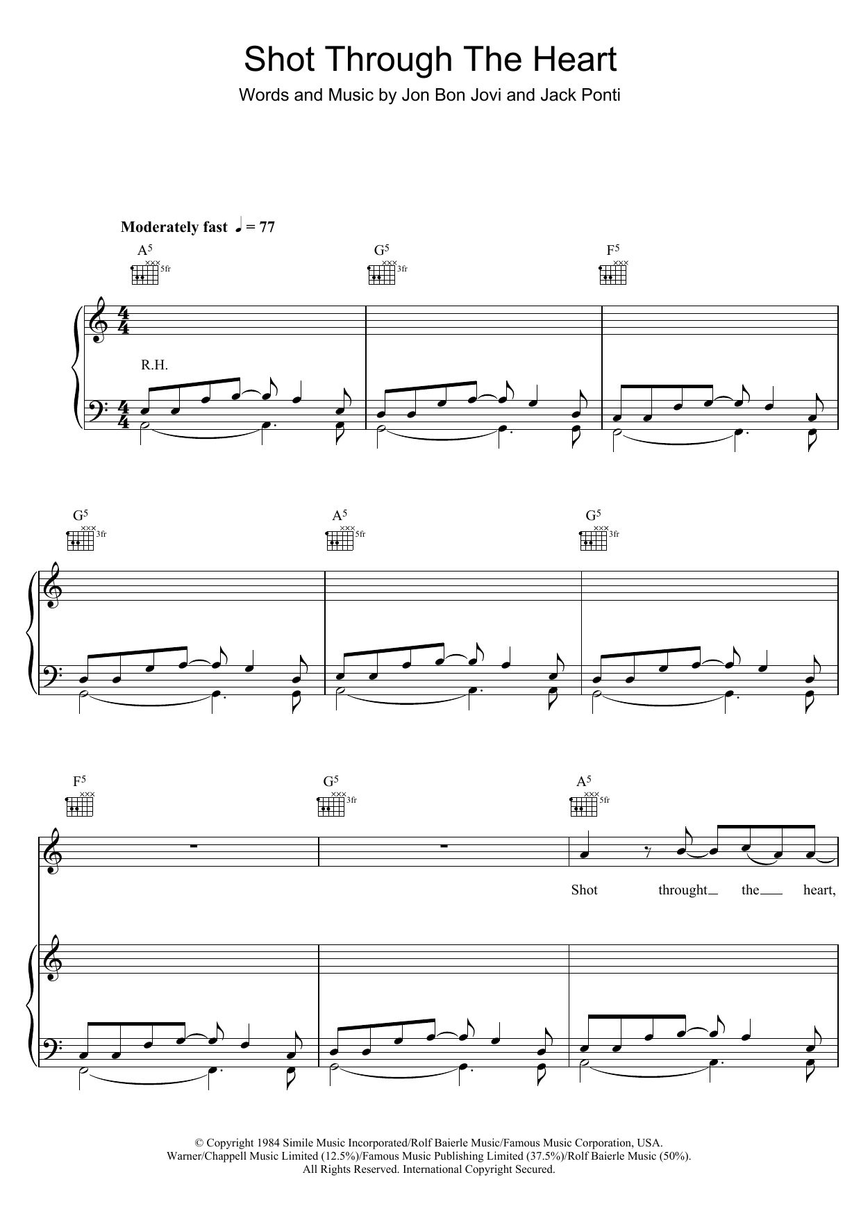 Preview Bon Jovi Shot Through The Heart Rock sheet music, notes and chords for Piano, Vocal & Guitar, SKU: 48466 Shot Through The Heart sheet music